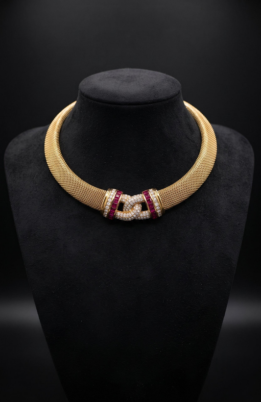 Fabulous vintage Christian Dior 1990s mesh choker necklace with ruby and clear colored rhinestone necklace.