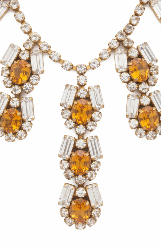 Stunning 1940s vintage amber and clear colored and rhinestone necklace