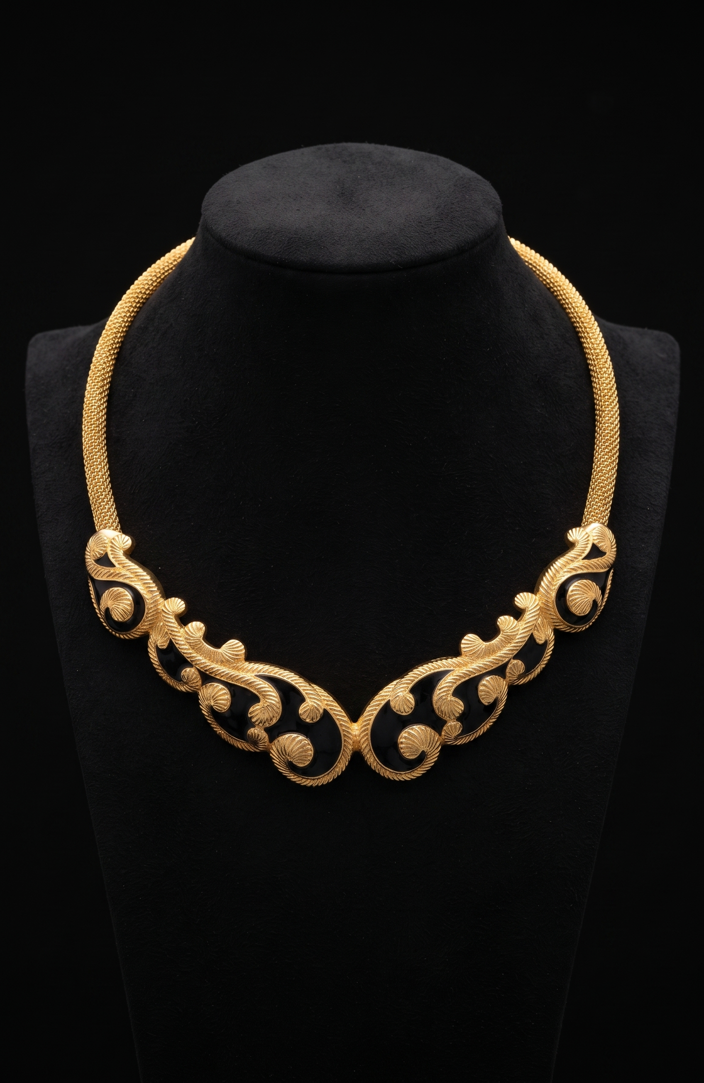 Beautiful 1990s Christian Dior necklace and pierced earring set in gold plate with black enamel