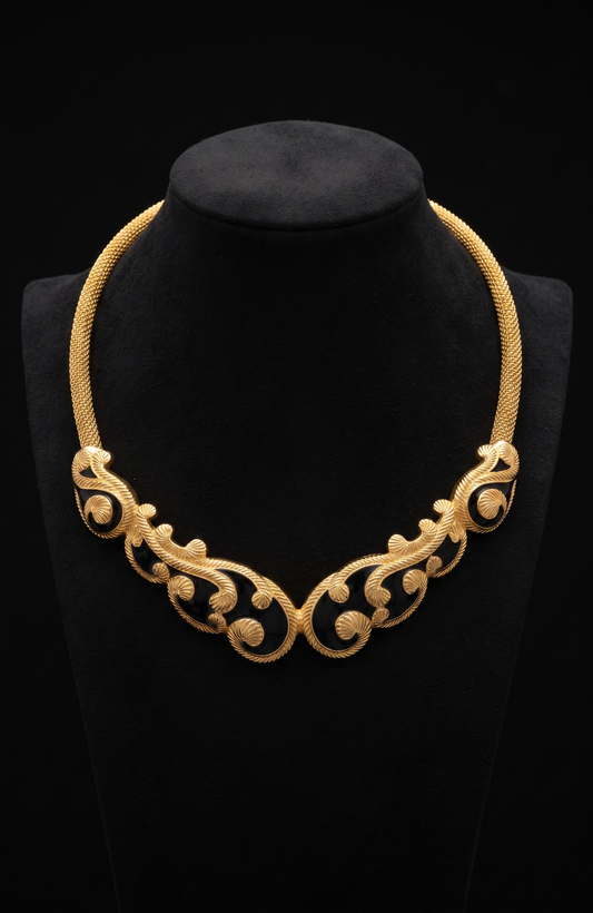 Beautiful 1990s Christian Dior necklace and pierced earring set in gold plate with black enamel