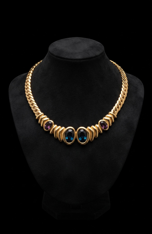 Beautiful 1980s signed Christian Dior, blue and purple rhinestone necklace