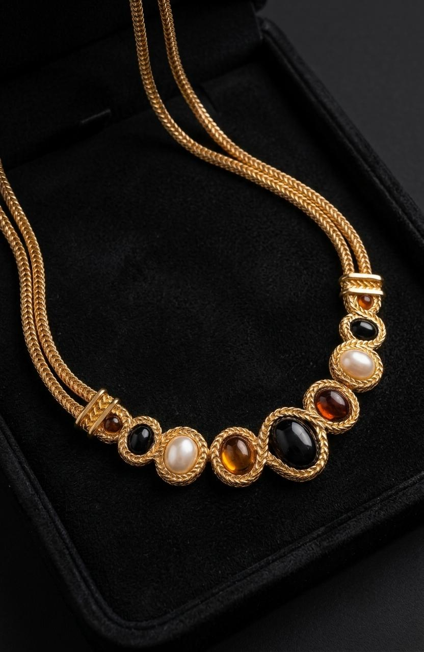 MONET necklace from the early 1980s in gold tone with amber-colored stones.