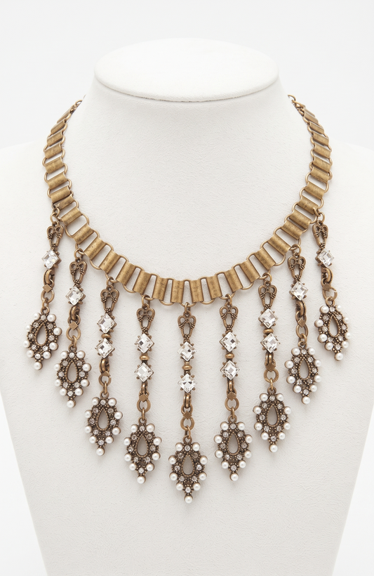 NECKLACE WITH CHAIN, RHINESTONE AND PEARLS