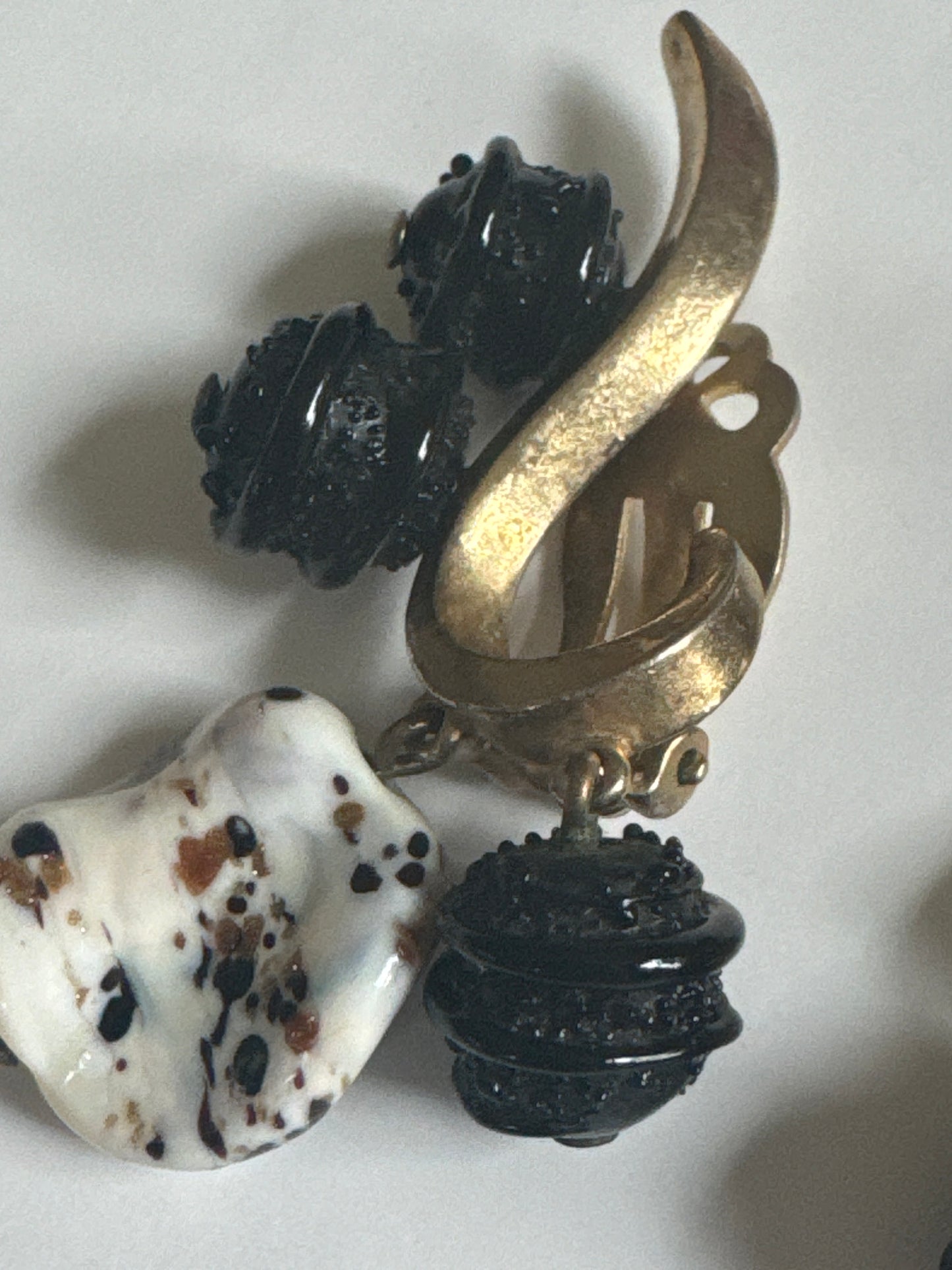 Rare 1930s signed SCHIAPARELLI earrings with black dangles and white Resnick bangle with black and white marble feel