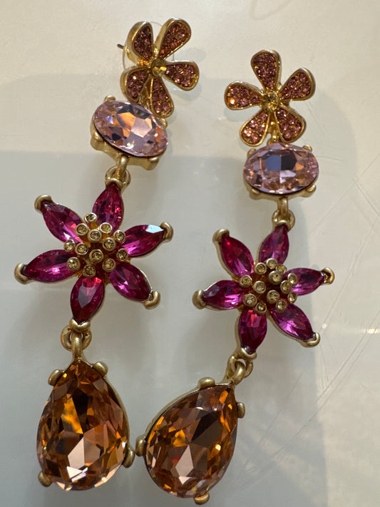 Retro rhinestone shades of pink dangle pierced earrings