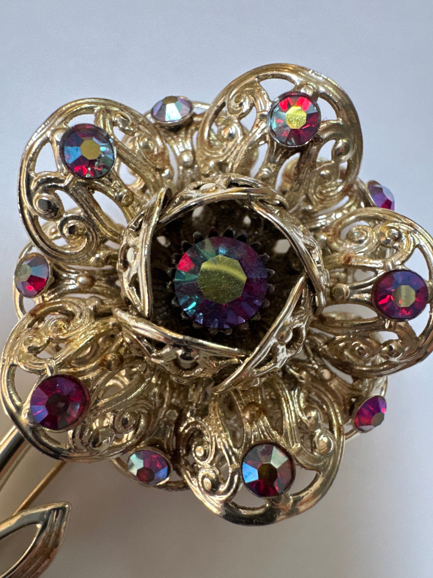 Beautiful 1970s Sarah Coventry, red watermelon, stone and gold tone flower brooch