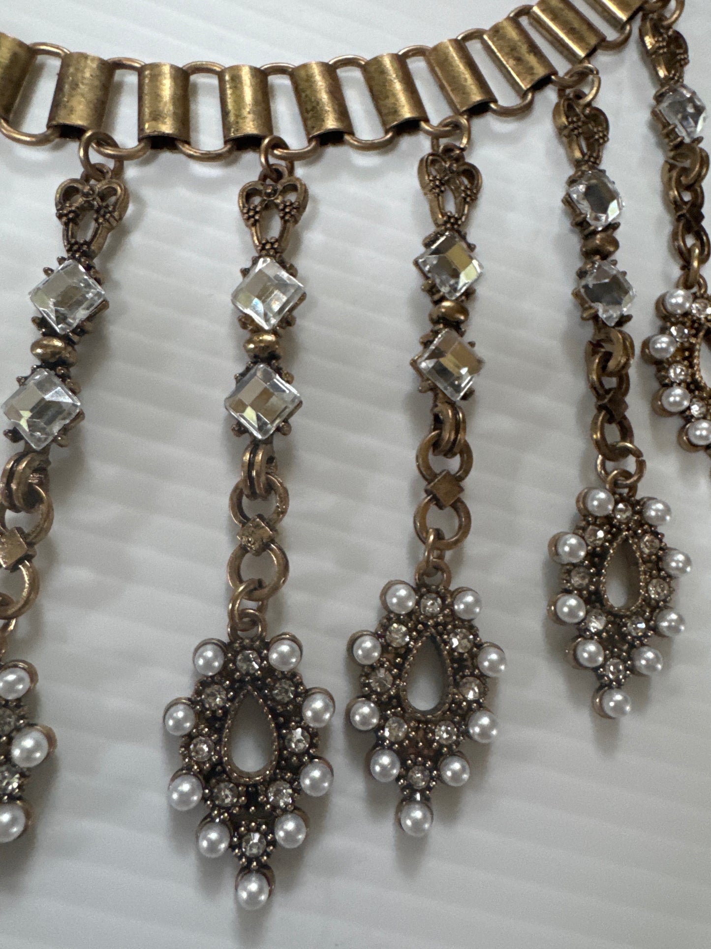 stunning vintage book chain necklace with dangling rhinestone and pearl detailing