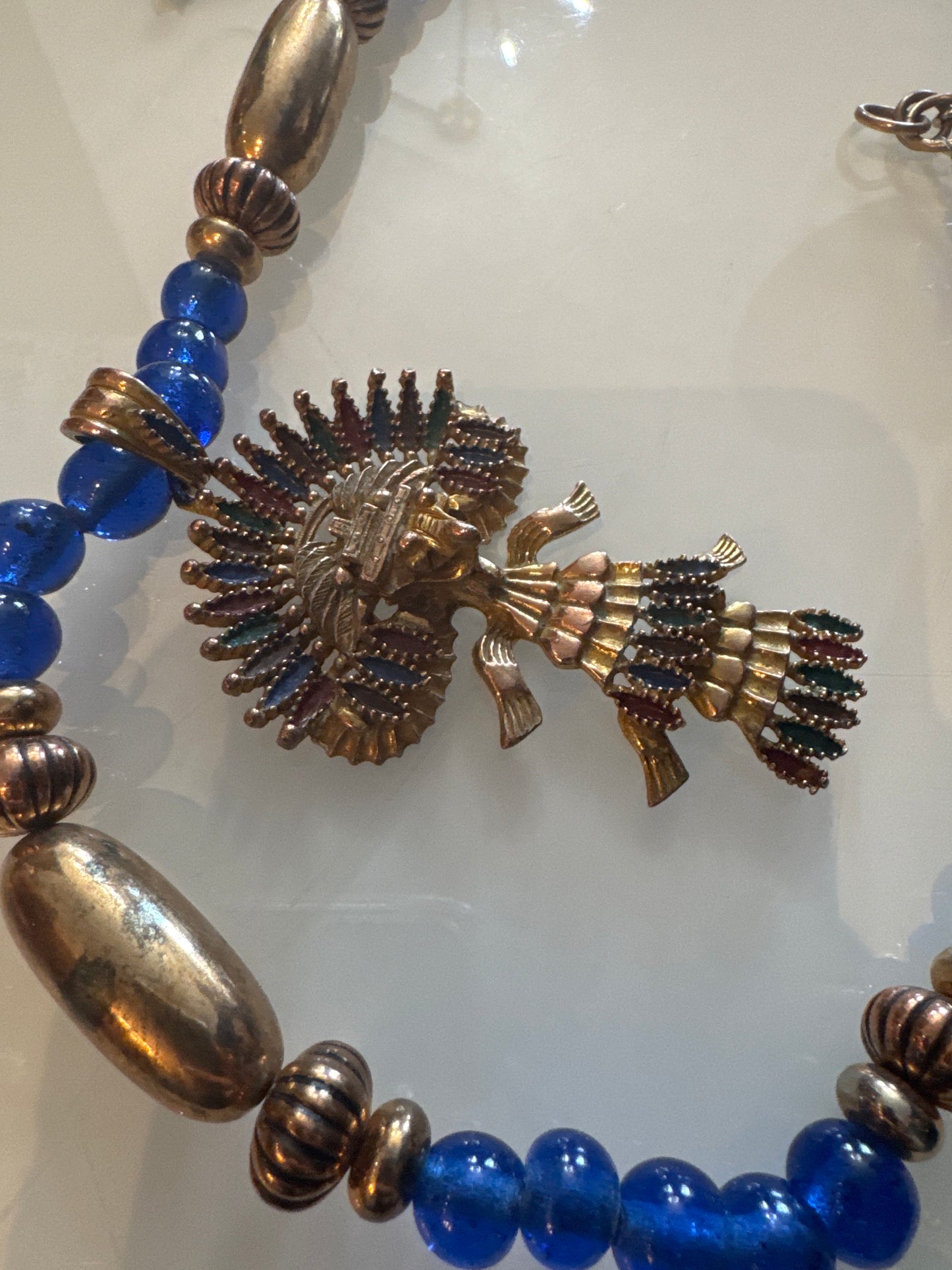 CASTLECLIFF 1970s Mayan/Aztec Pendant Necklace Larry Vrba, Cobalt Blue Glass, Multi Color enamel