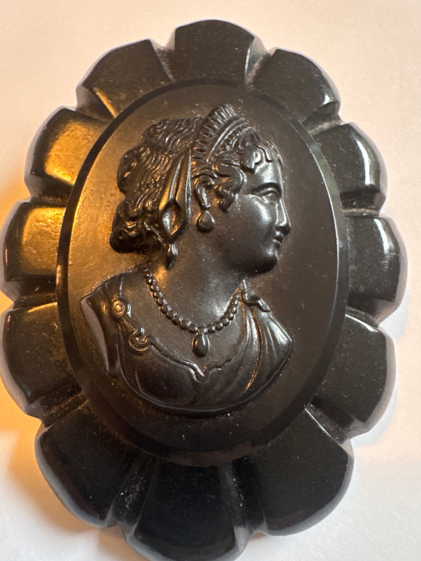 1930s vintage large black celluloid cameo brooch. Picture it with your pearls!