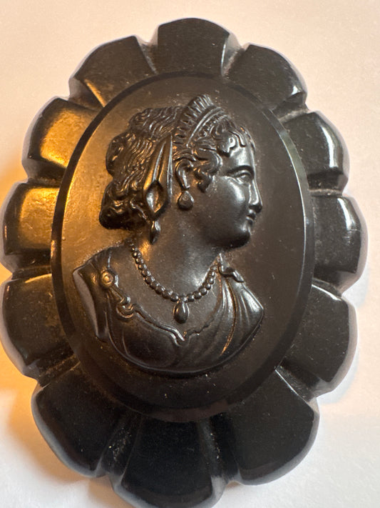 1930s vintage large black celluloid cameo brooch. Picture it with your pearls!