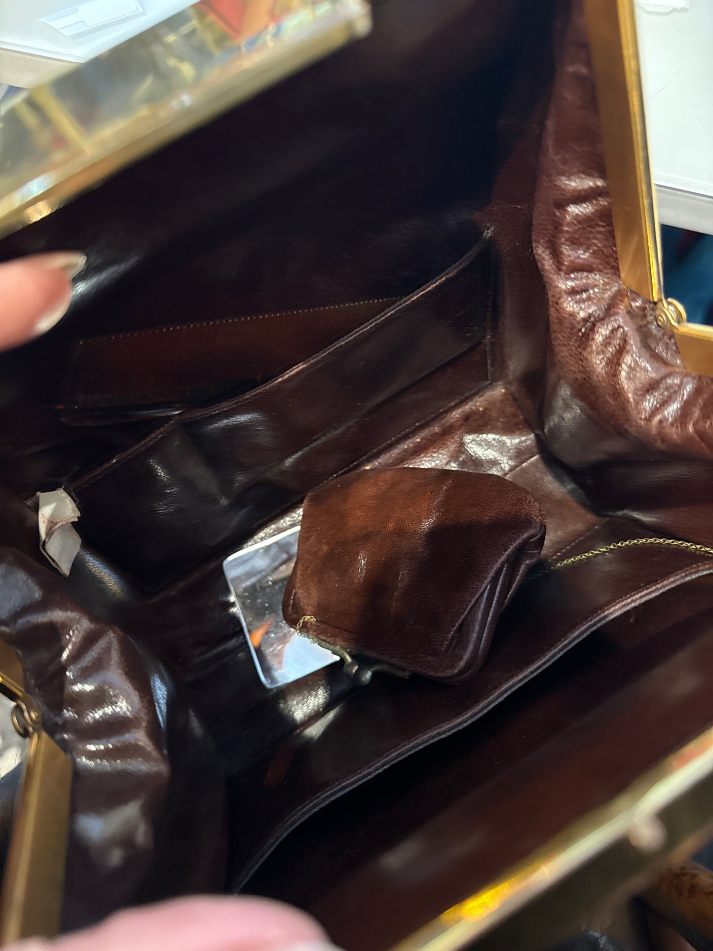 Fabulous 1950s brown alligator bag with original leather coin, purse, comb, and mirror