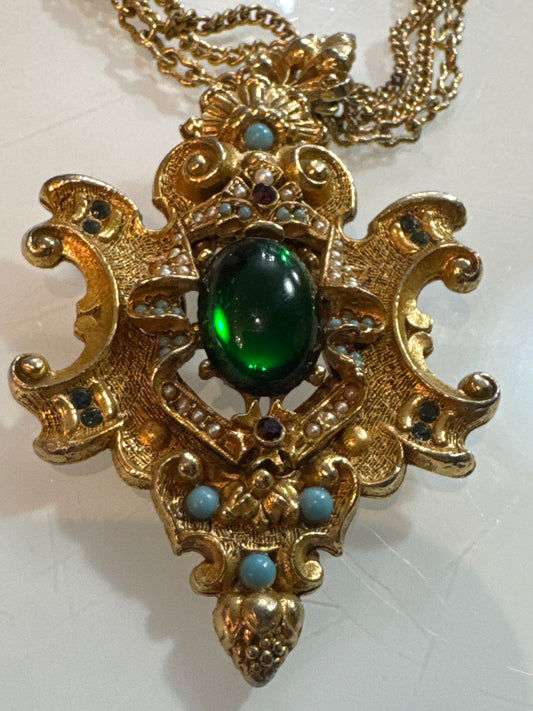 Arthur Pepper multi strand pendant necklace with green center stone, turquoise, pearl and rhinestones