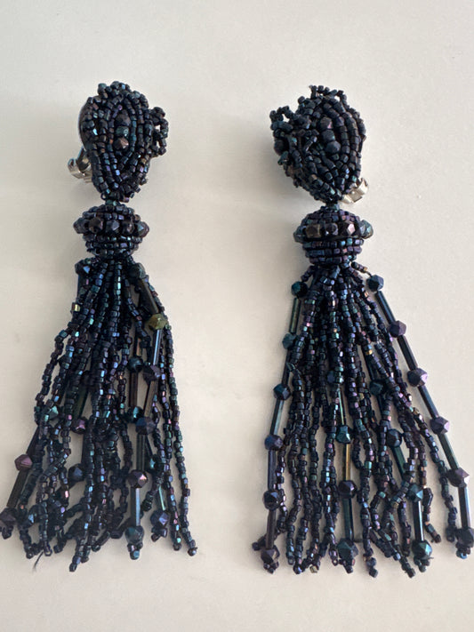 1930s clip on beaded tassel dangle earrings
