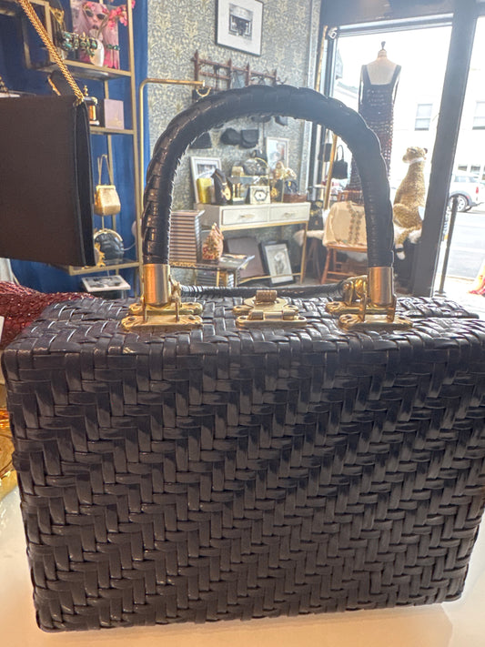 1950s navy blue wicker bag with gold hardware ￼