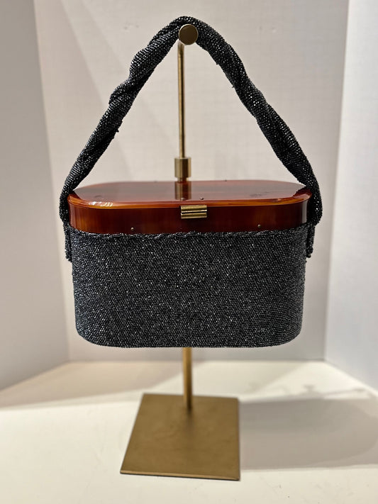 Vintage Black Beaded Box Bag w/ Tortoise Top