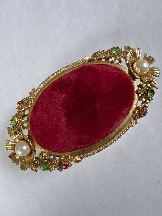 Vintage Florenza Red Velvet pin cushion Trinket Box with Gold rhinestone base