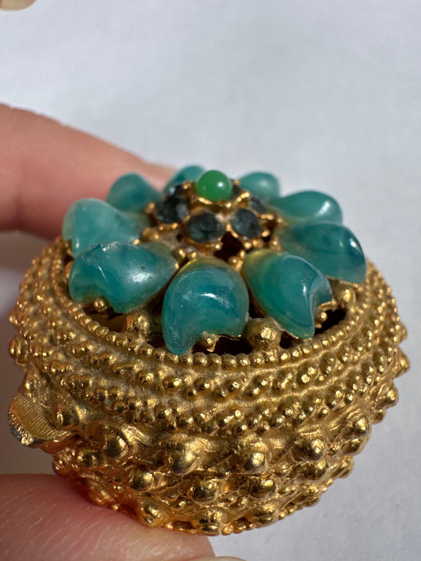 vintage signed Florenza trinket box with faux turquoise and rhinestones