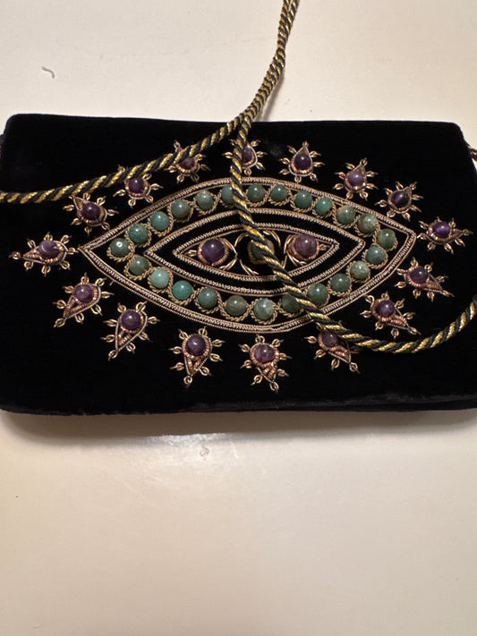1960s velvet handbag with Jade and amethyst cabochon stones Can be worn as a clutch or Crossbody. Found in Paris. Summer