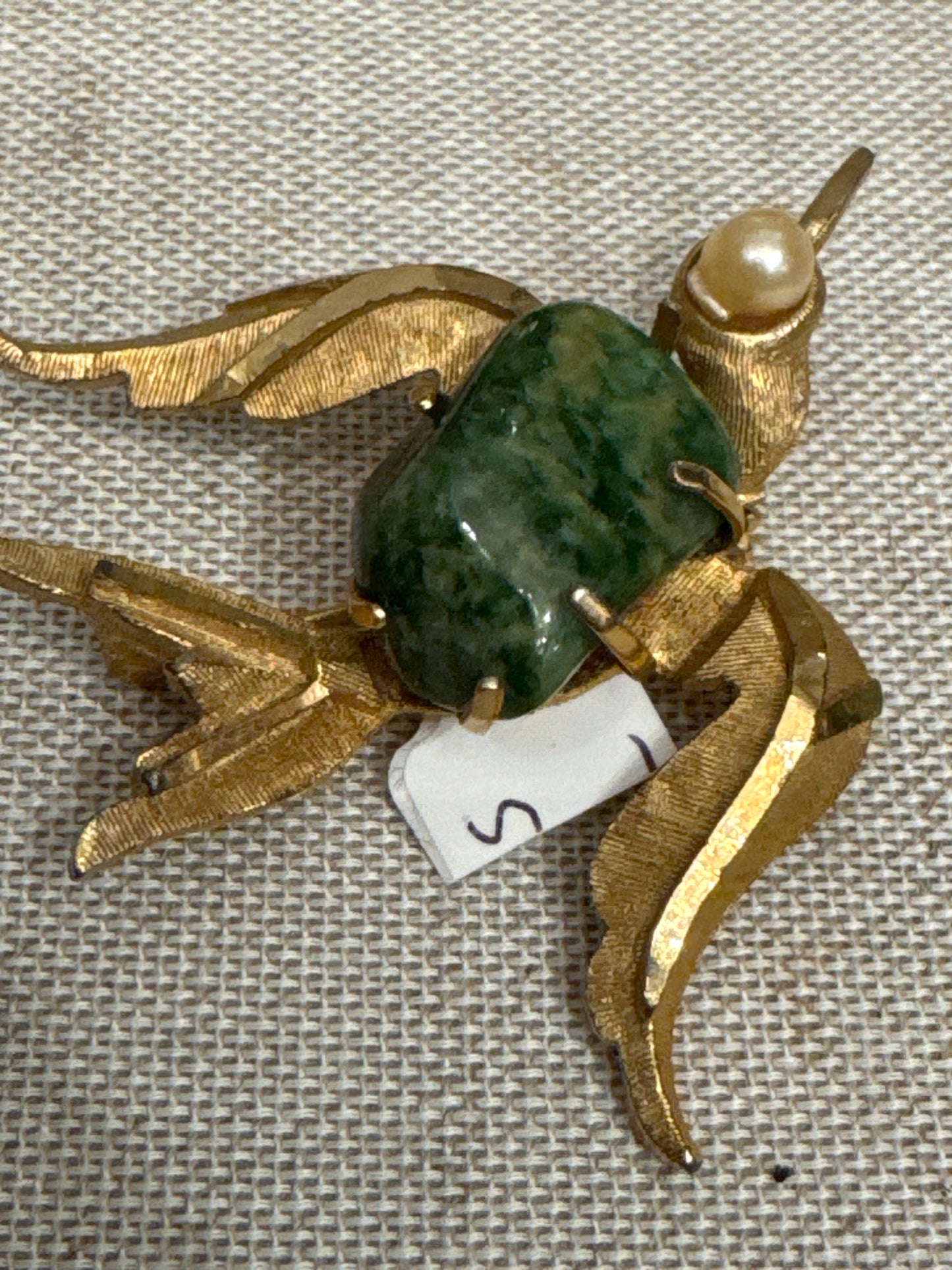 1950s signed BSK gold tone, bird brooch with pearl eye and green stone body