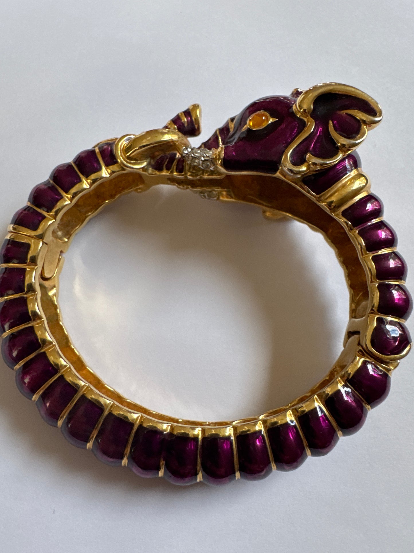 Beautiful 1990s signed Kenneth J Lane purple metallic enamel elephant clamper with rhinestones