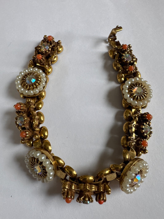 1950s beautiful pearl, rhinestone, aurora borealis link bracelet with tiny coral colored stones