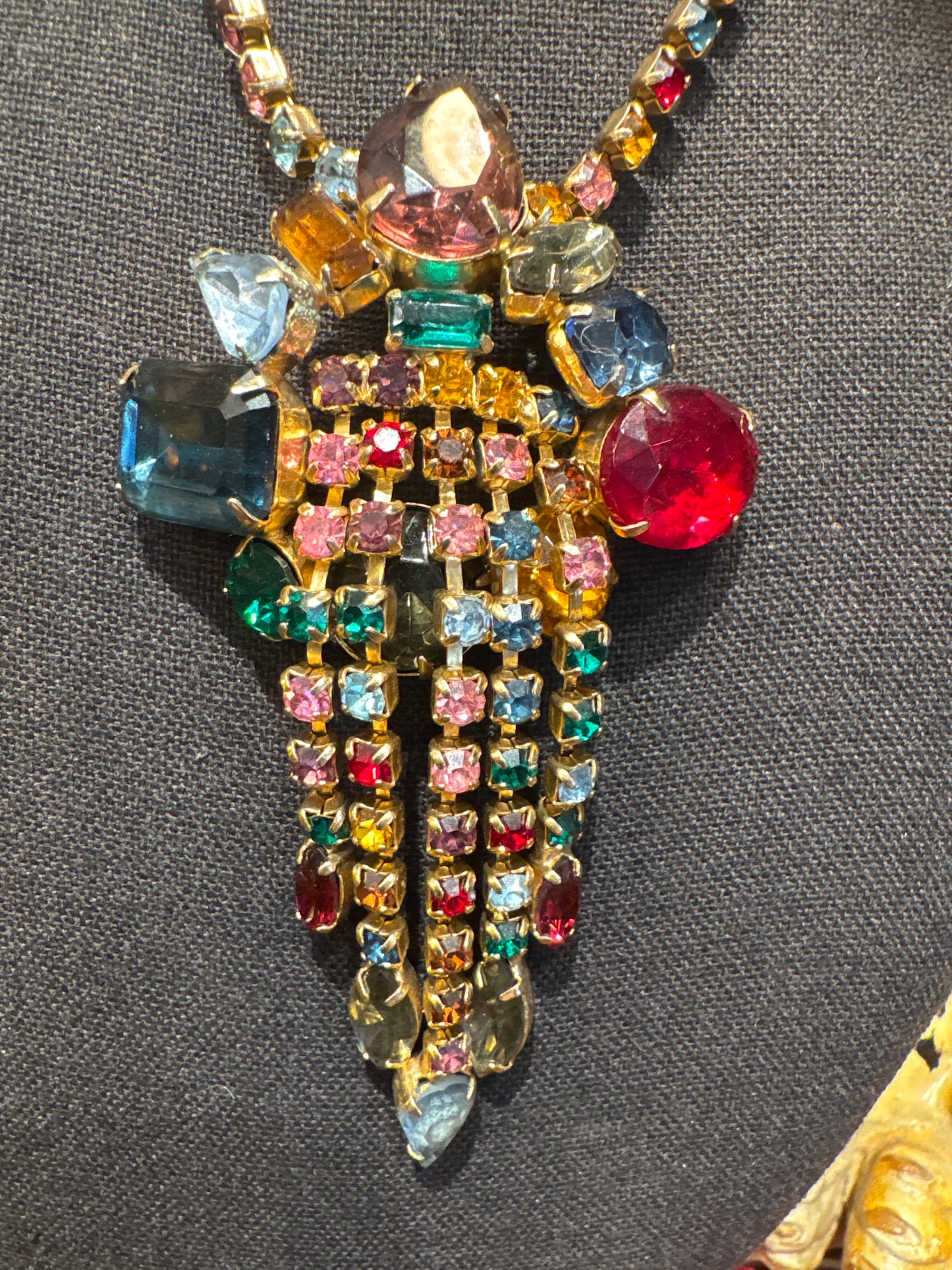 Wow Factor! 1950s rainbow colored rhinestone Juliana waterfall necklace