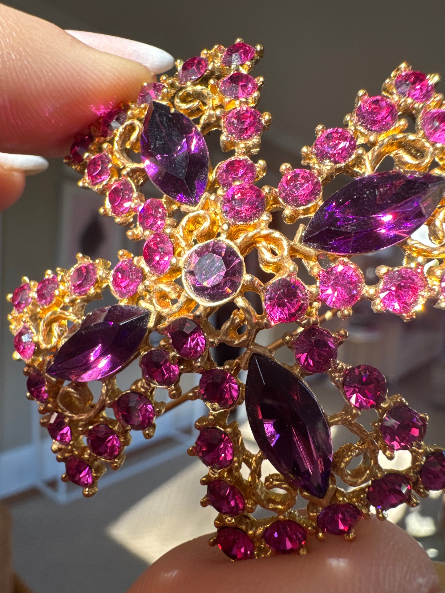 1950s stunning Maltese cross with pink and purple rhinestones