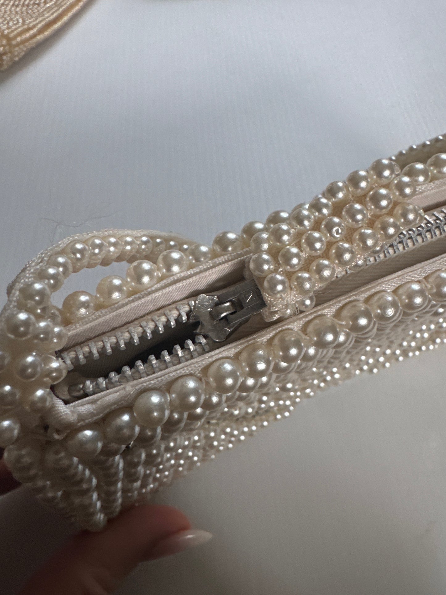 1940s beautiful beaded, pearl and silver bead top handle zipper bag. Never worn.