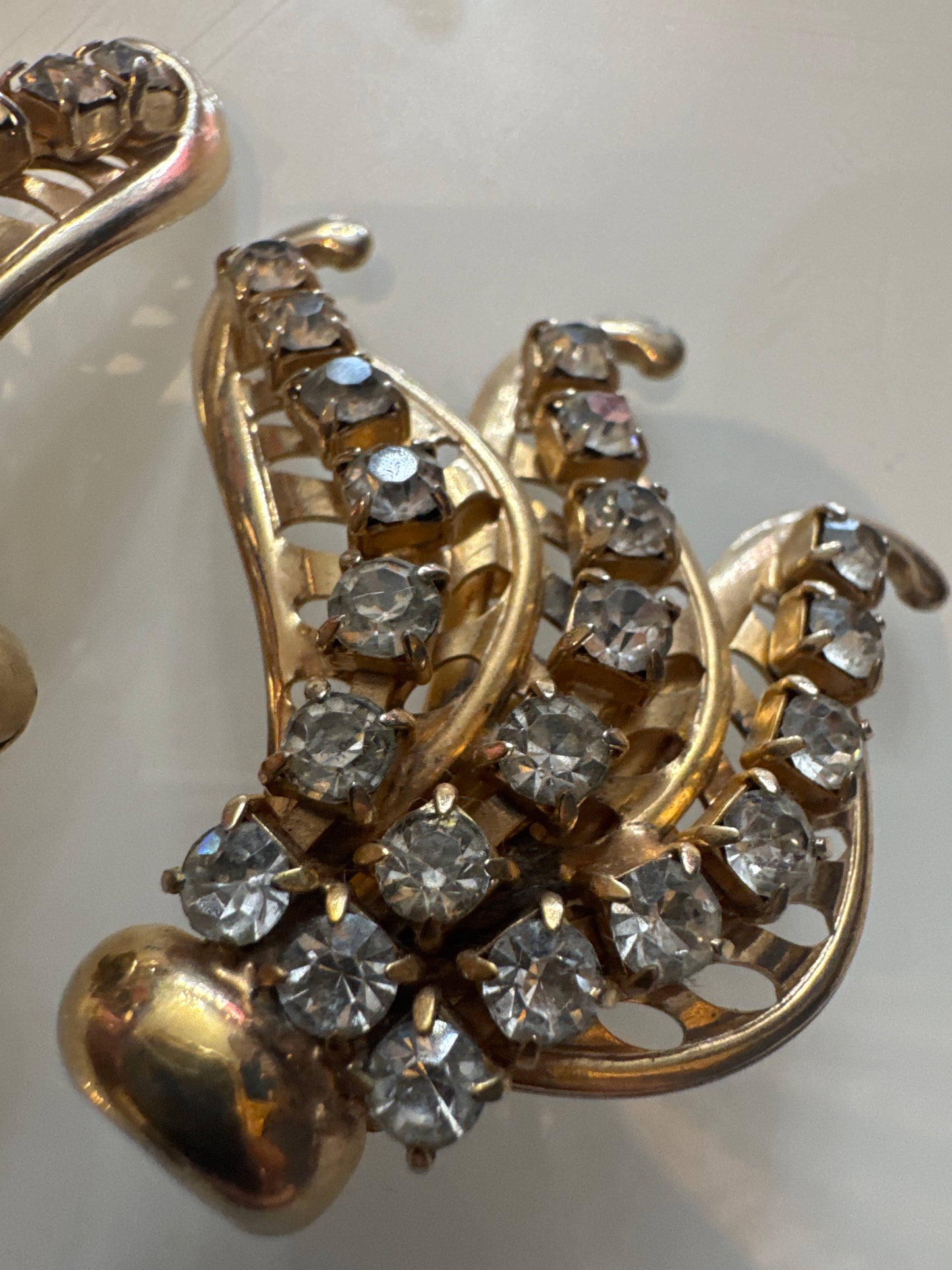 1940s clip on climber, gold tone rhinestone statement earrings