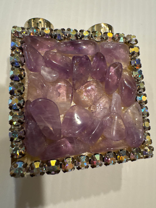 Lovely 1940s vintage perfume box with rhinestone and amethyst stones. One cap missing.