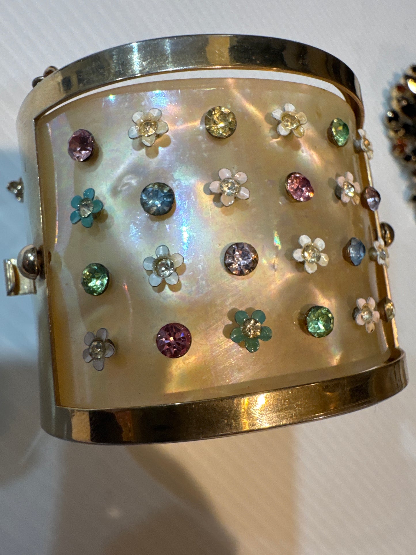 Fabulous 1960s wide cuff with safety latch, mother of pearl and rhinestones