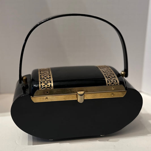 Stunning 1940s Black Box Bag w/ Gold Tone Filigree