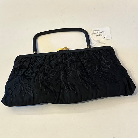 Vintage 1950s Top Handle Black Bag Gold Tone Hardware