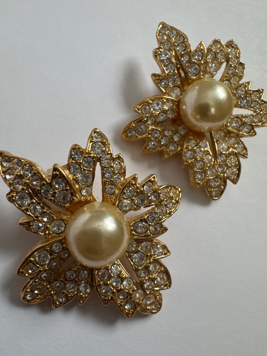 KJL signed 1960s rhinestone, and pearl earrings