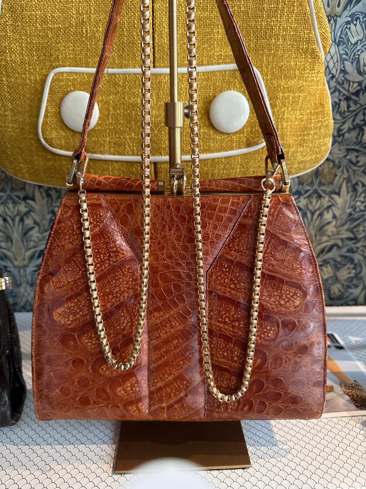 Gorgeous 1950's top handle alligator bag with crossbody chain