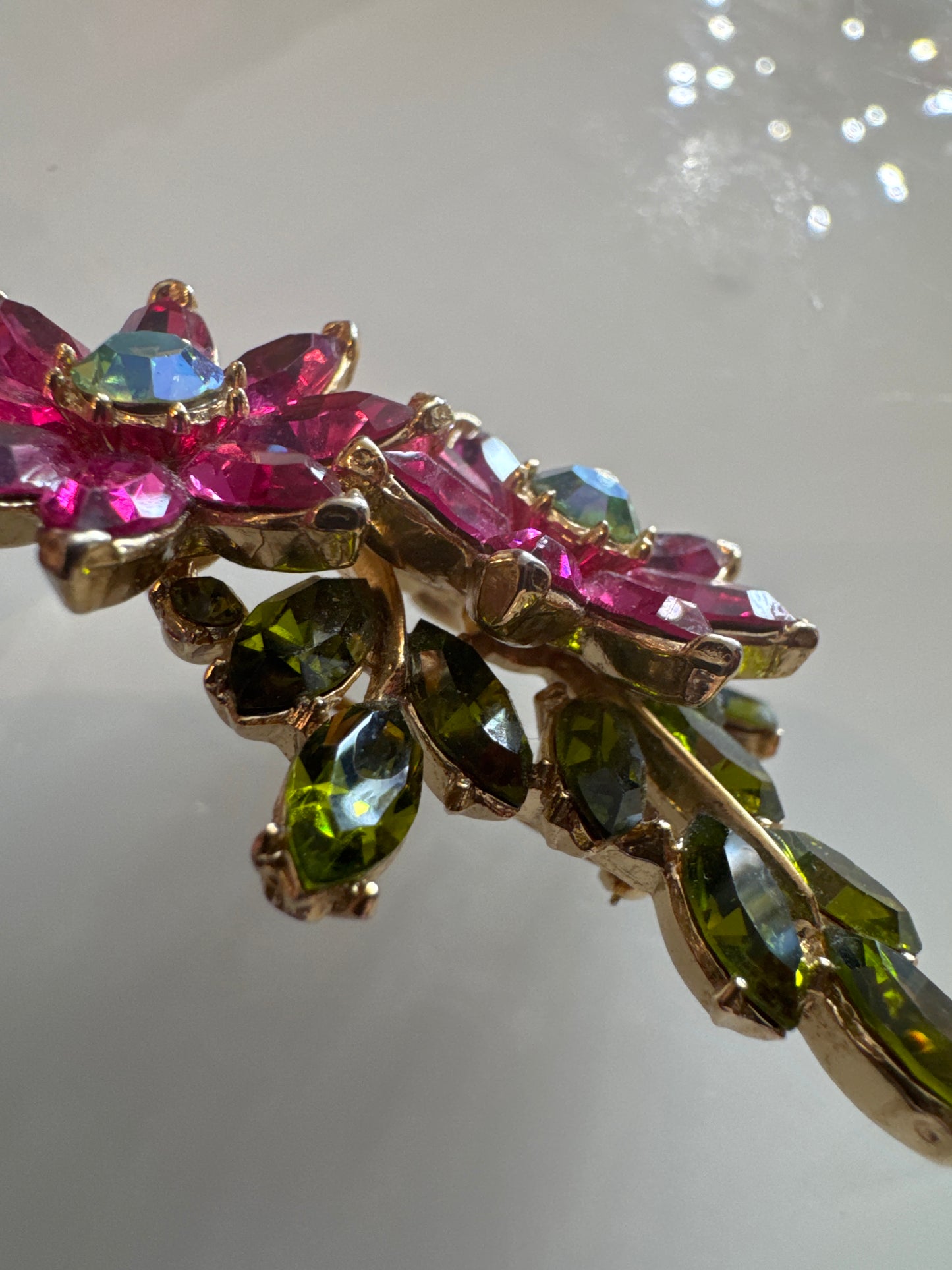 Rare Trifari, pink and green rhinestone flower brooch. A collectors piece.
