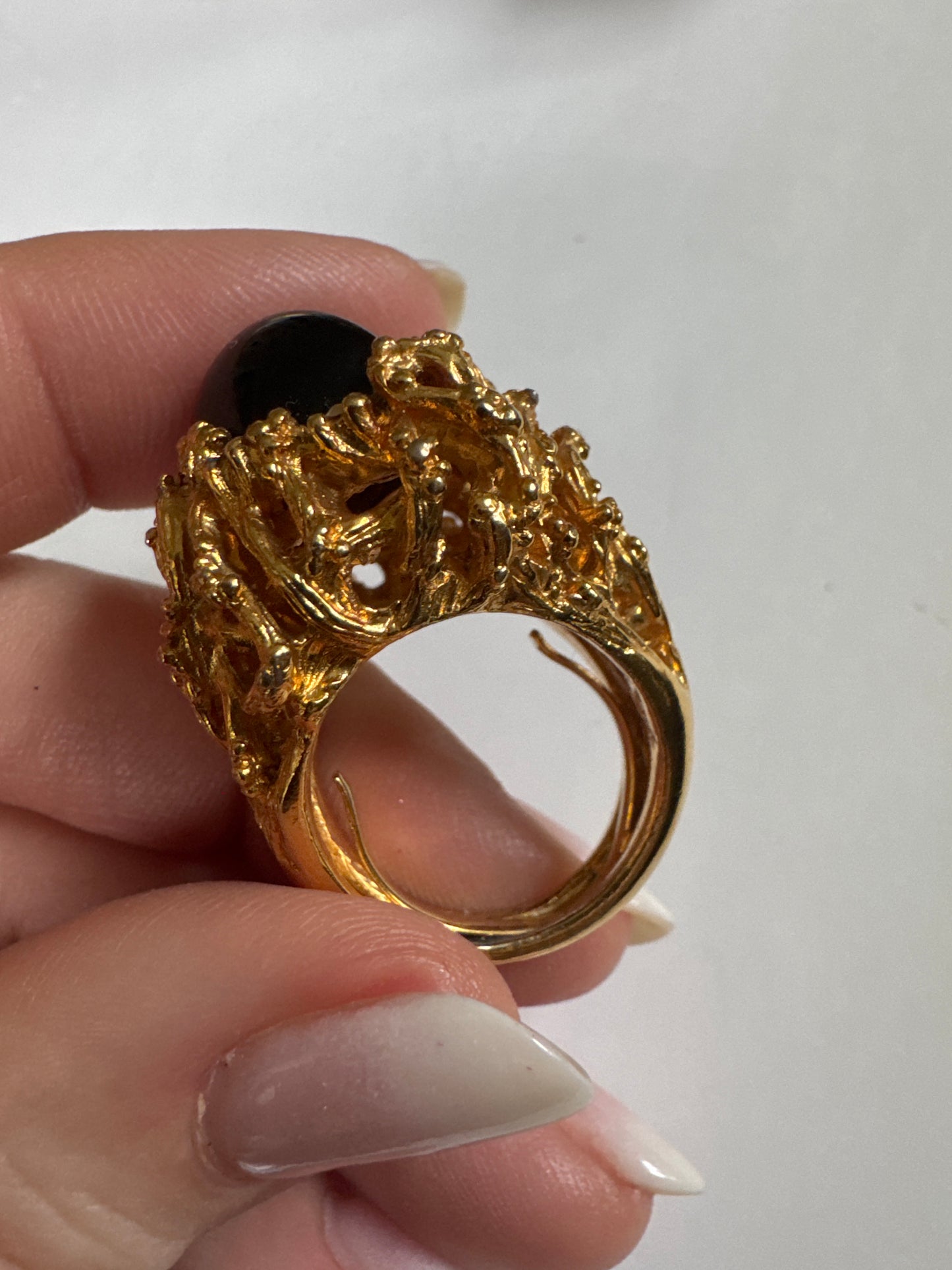1960s signed PAULINE RADER brutalist style cocktail, ring with black century, stone and small rhinestones