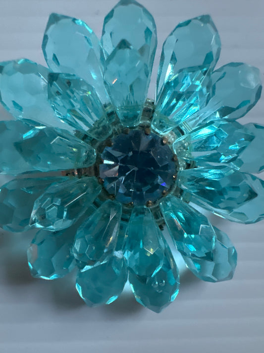 Light blue mid-century signed, made in western Germany flower brooch with rhinestone center