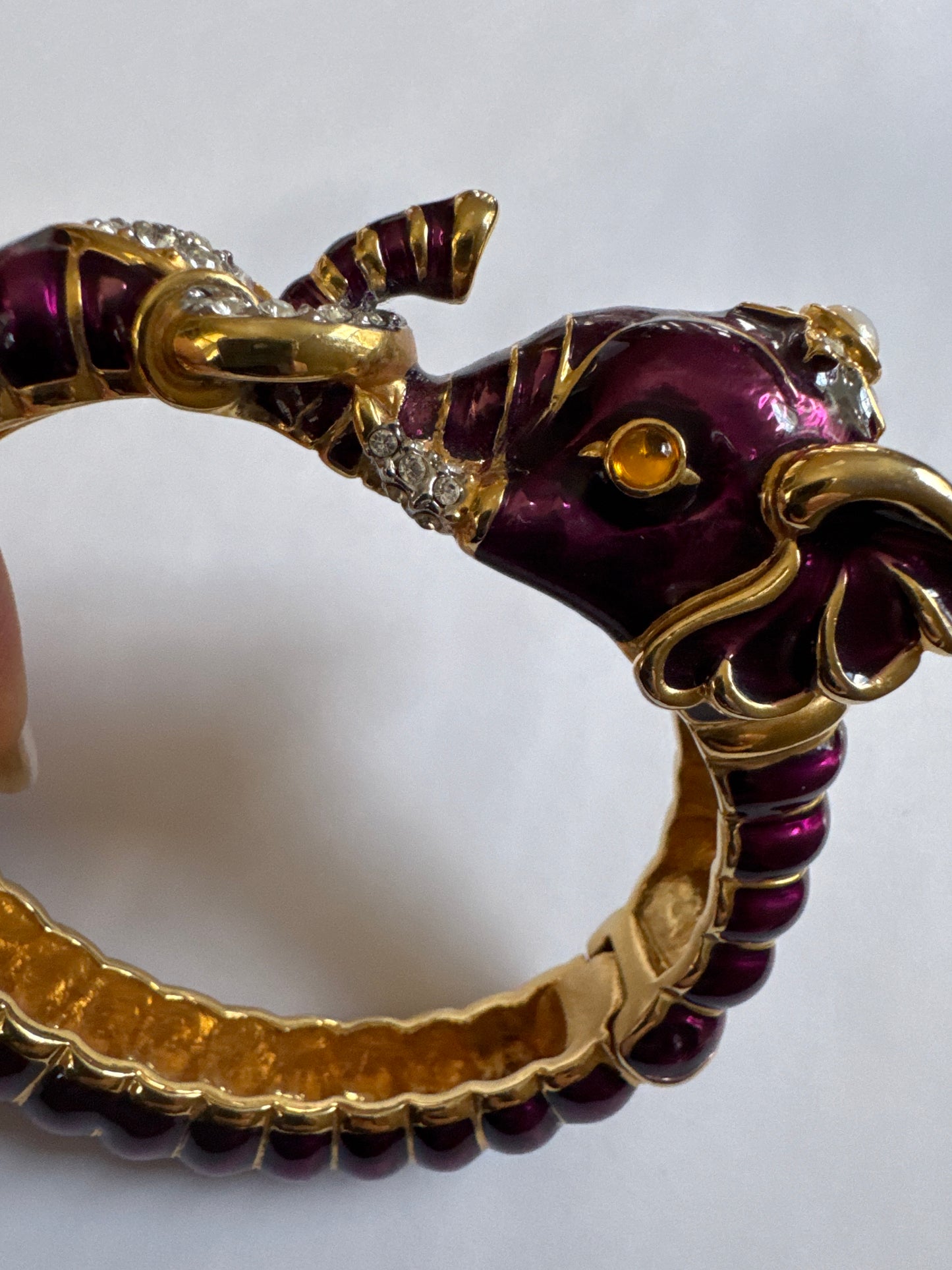 Beautiful 1990s signed Kenneth J Lane purple metallic enamel elephant clamper with rhinestones