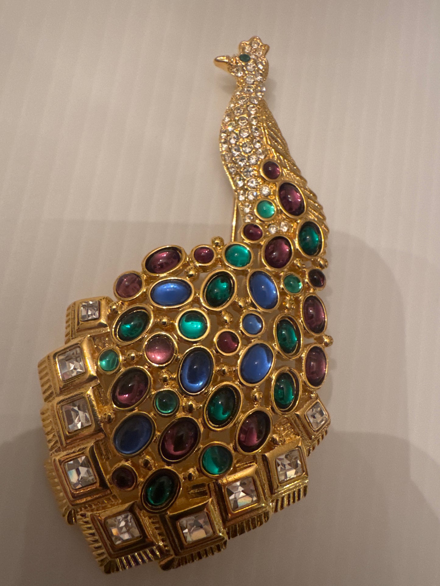 Jumbo signed Nolan Miller Peacock brooch with colorful rhinestones