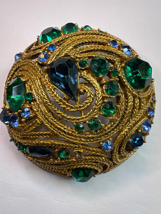 Beautiful mid-century dome brooch/pendant featuring Emerald Green and Sapphire, blue rhinestones