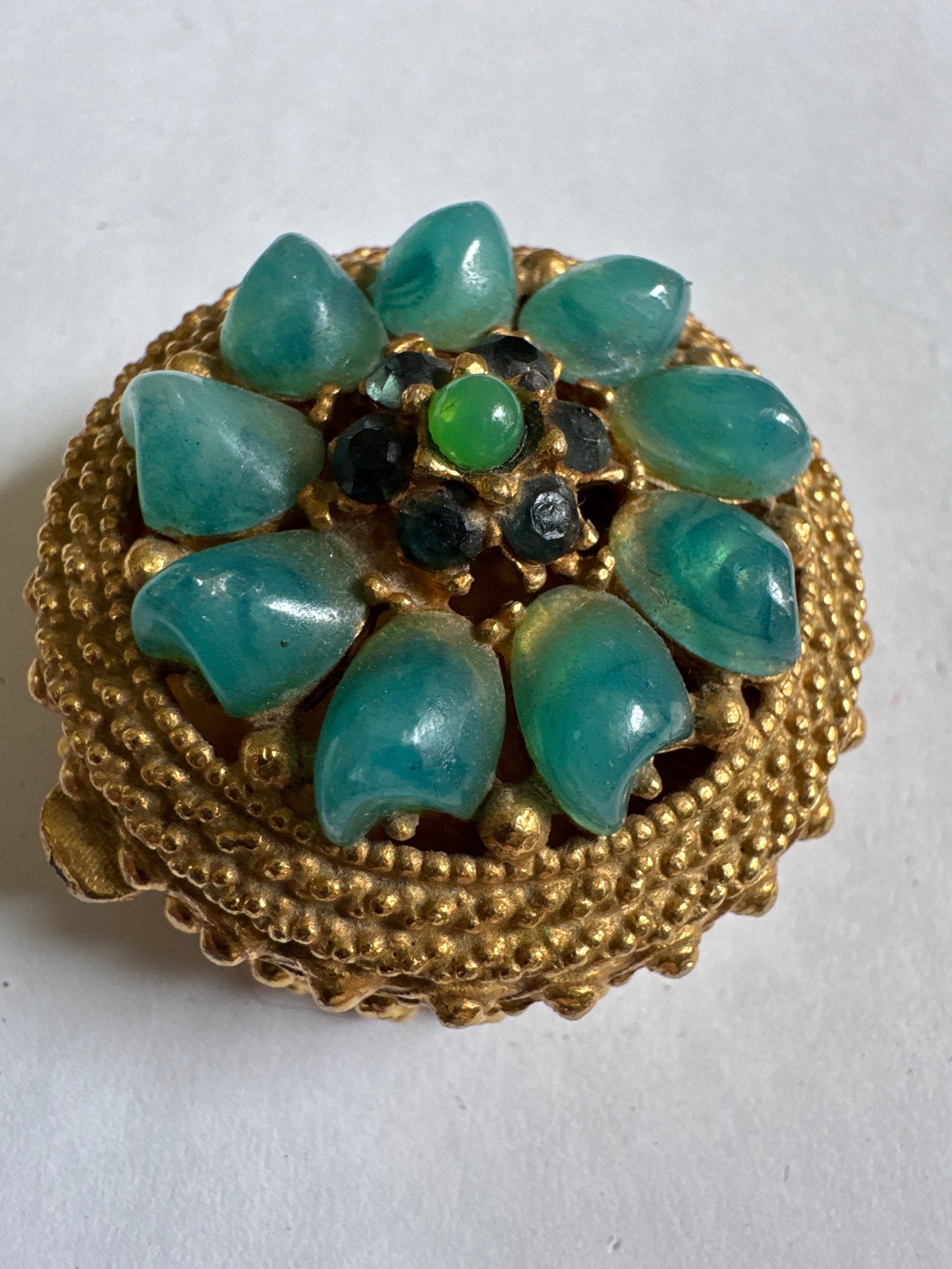 vintage signed Florenza trinket box with faux turquoise and rhinestones