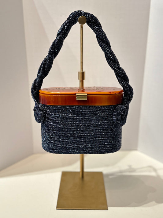 1940s Blue Beaded Box Bag w/ Monogrammed top