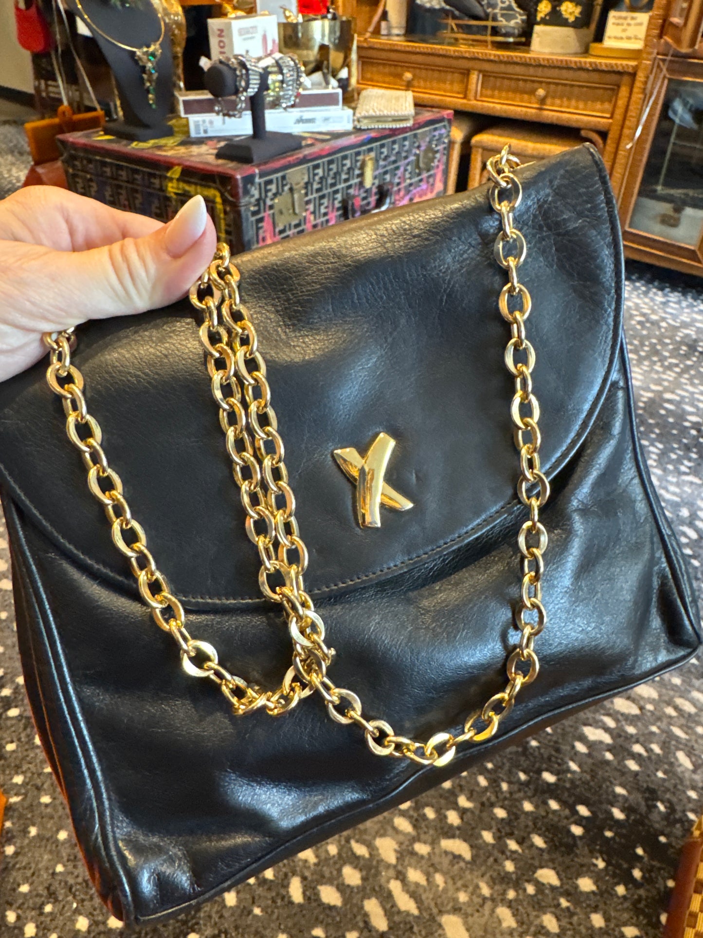Black buttery, soft leather lamb Skin, Paloma Picasso shoulder bag with gold chain strap