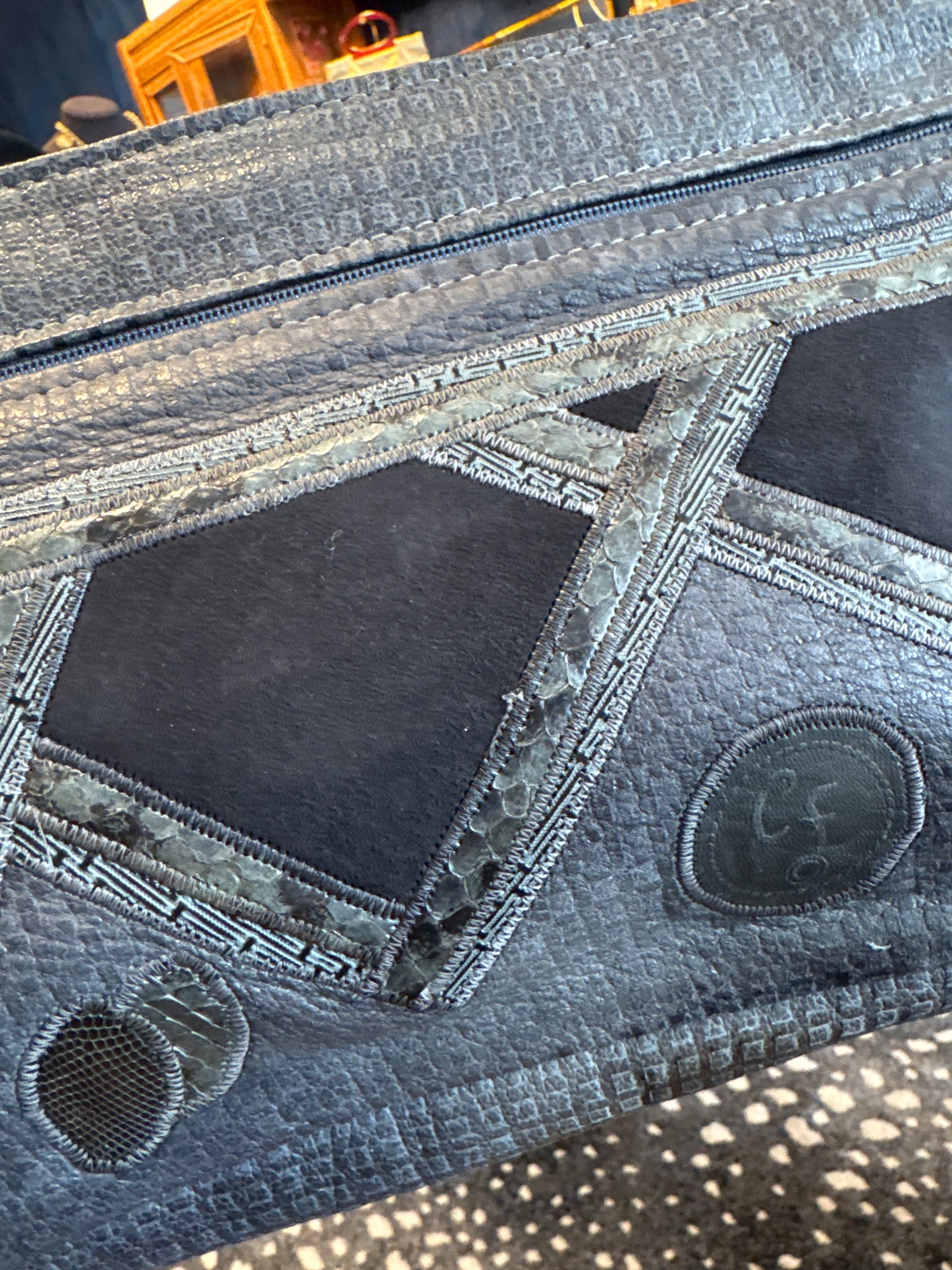 Vintage grey tone, Carlos  Falchi, suede and leather bag with interior zipper and two outside zippers