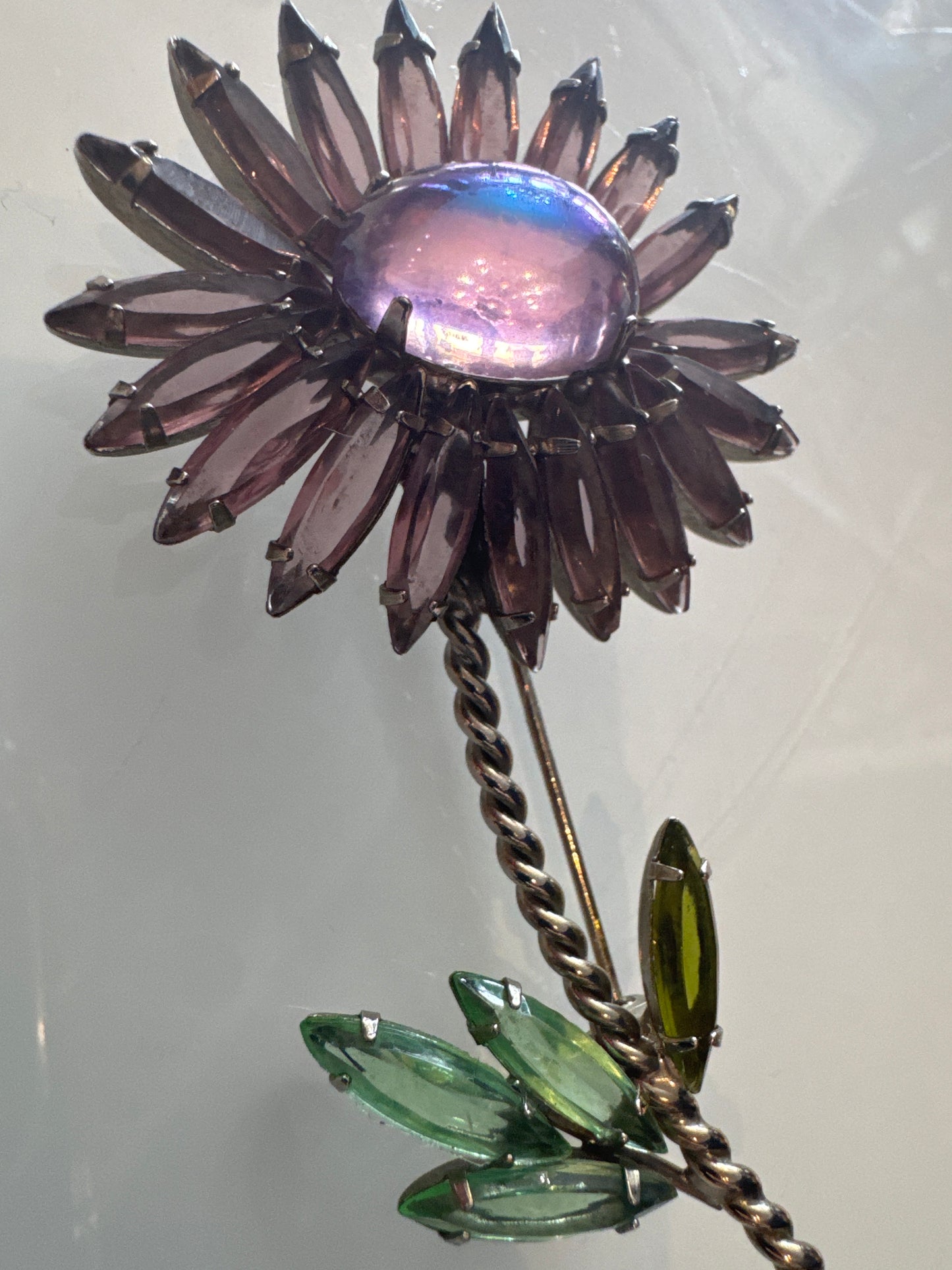 Vintage Jewelry SCHREINER Flower Brooch, Statement Unsigned Floral Pin Purple, Green Rhinestones 1950s Mid Century