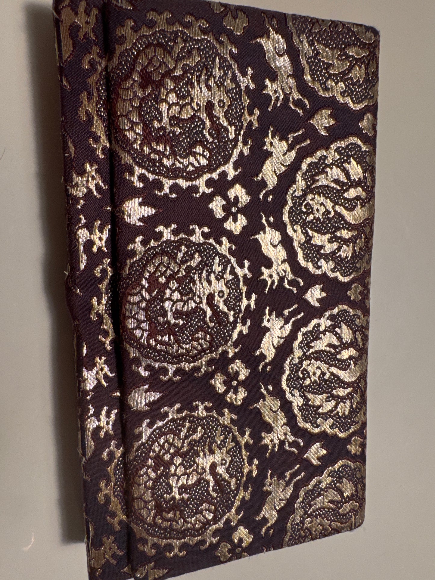 Vintage Dragon & Rabbit Brocade Clutch in deep plum and gold