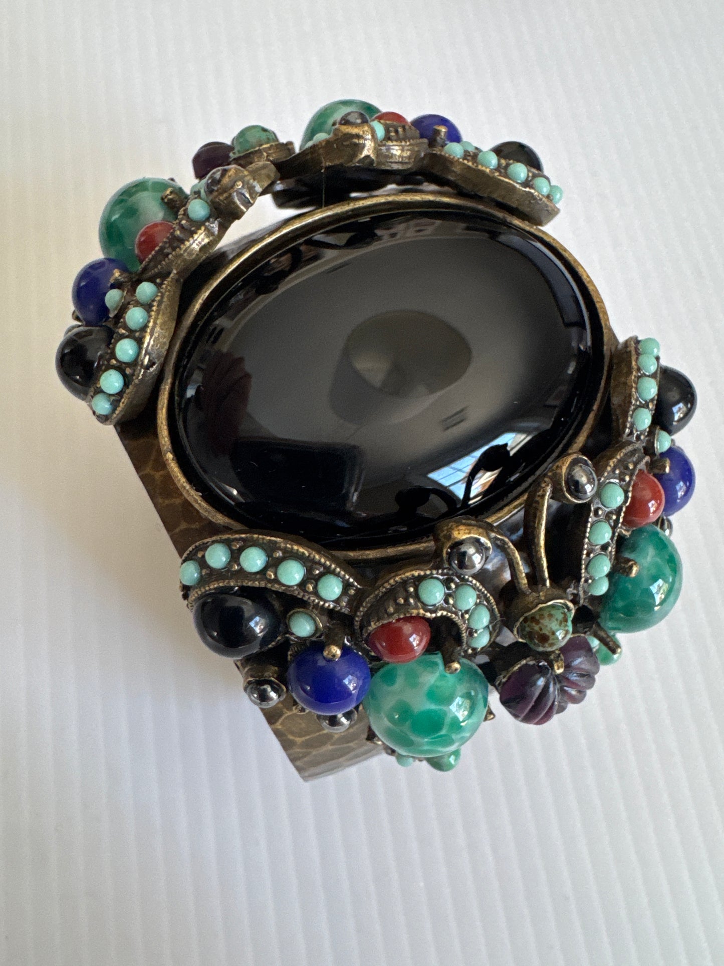 1970s beautiful signed, sweet romance cuff bracelet with colored cabochons shaping a butterfly