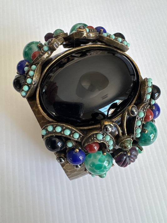 1970s beautiful signed, sweet romance cuff bracelet with colored cabochons shaping a butterfly