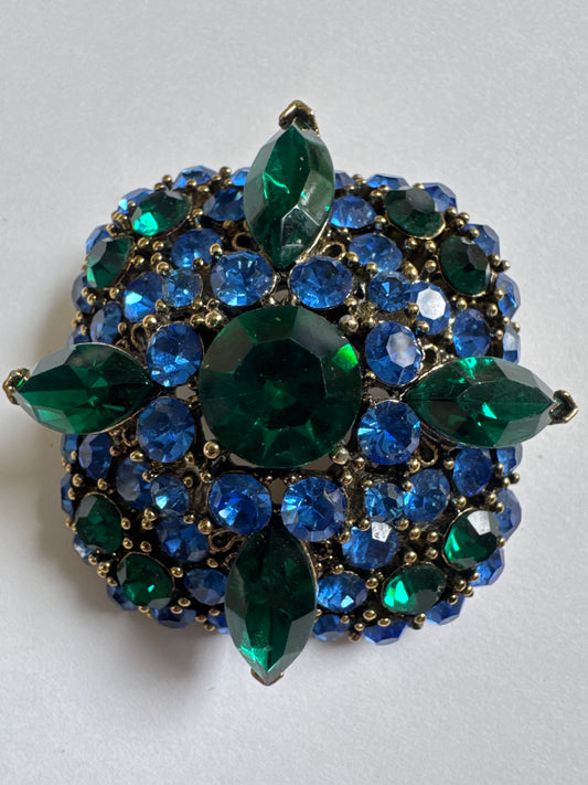 1950s signed Lisner 3 D square brooch with emerald colored and blue sapphire rhinestones